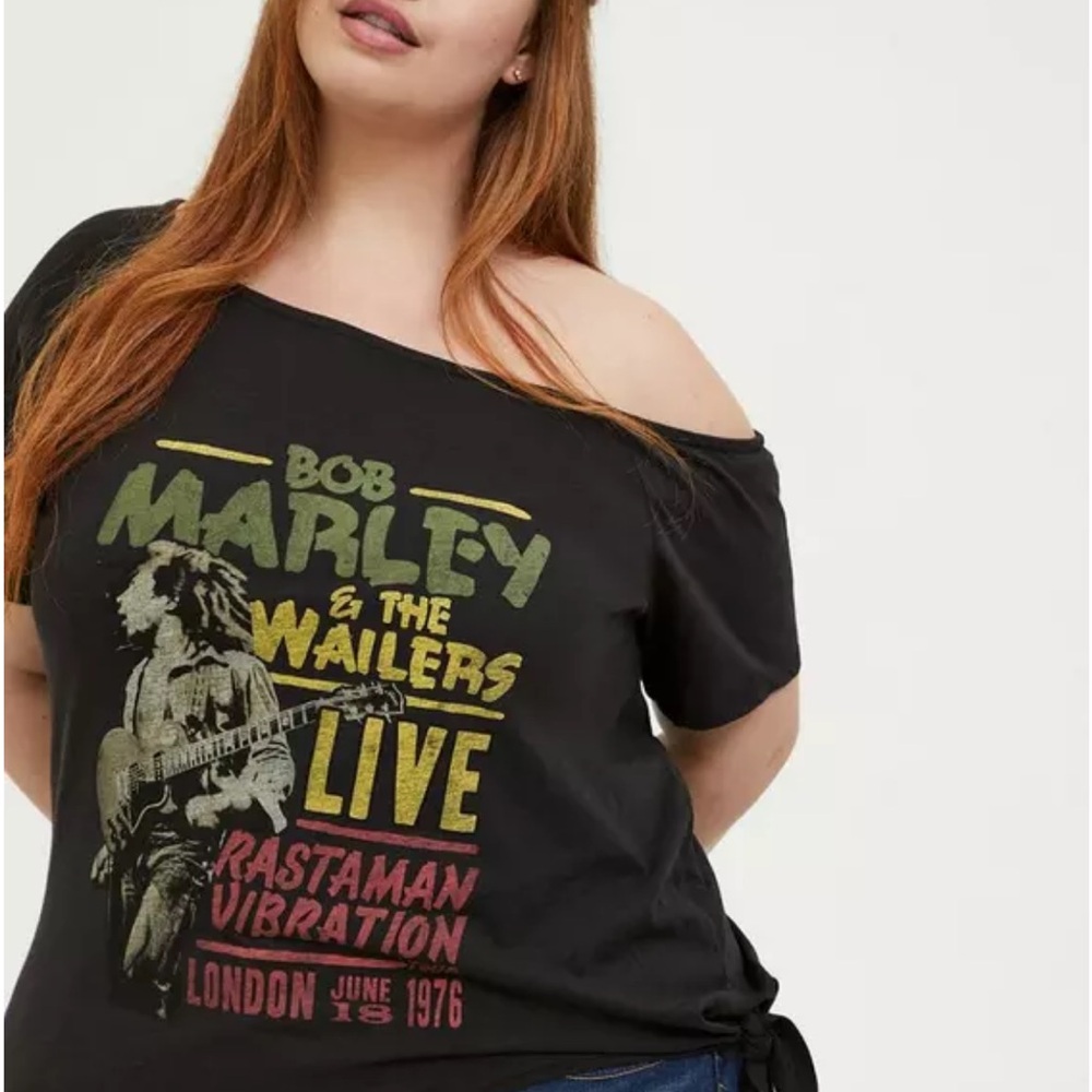 Bob Marley Black Tie Front Off Shoulder Tee